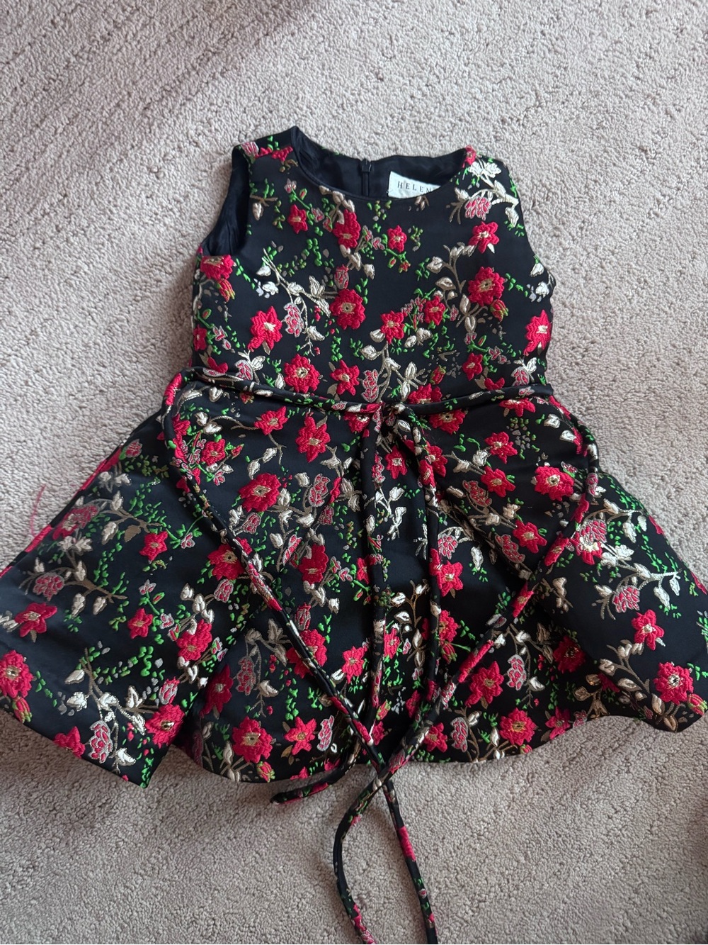 Helena Black Floral Embroidered Party Dress with Red Flowers